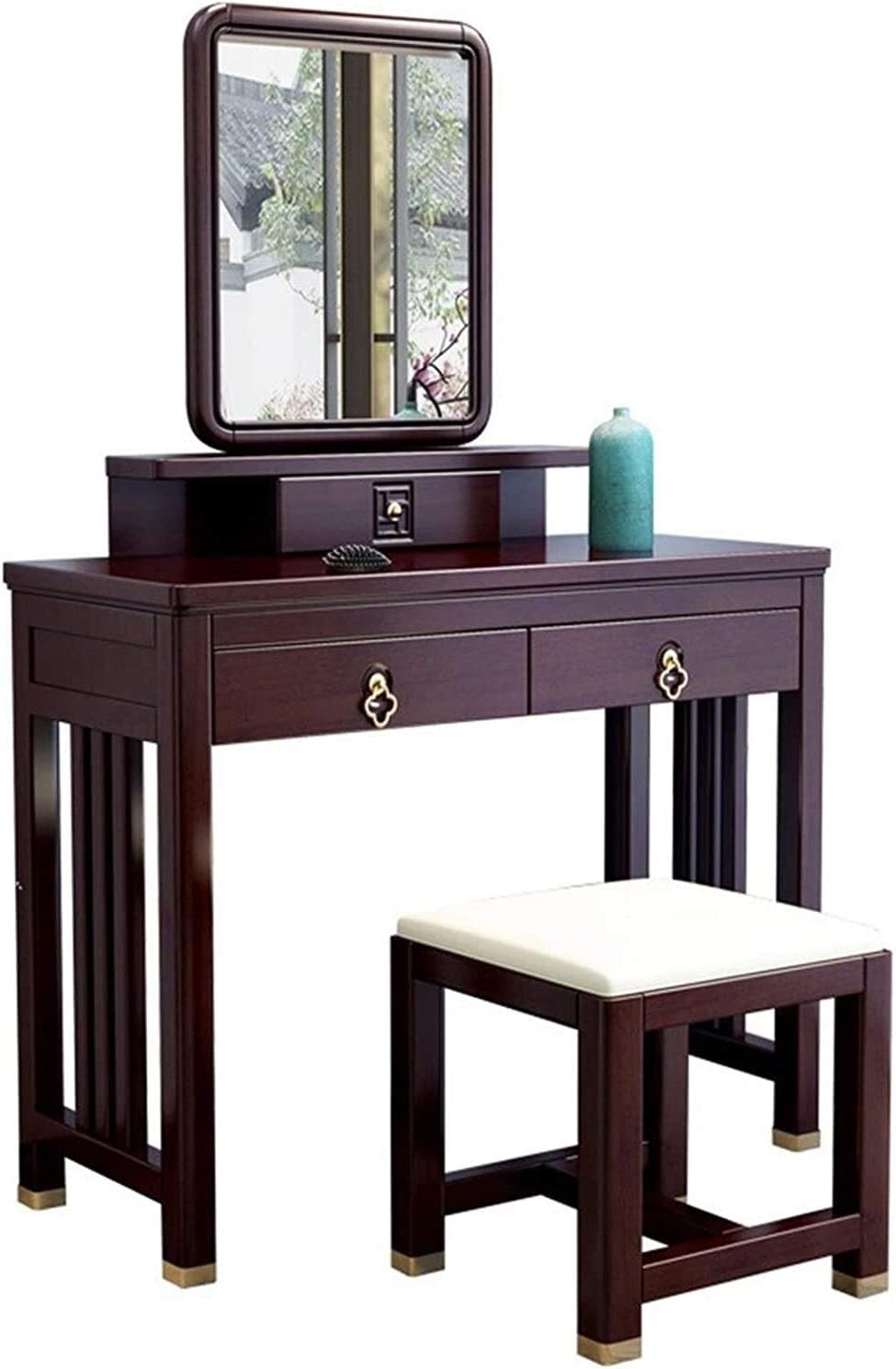 Luxurious Makeup Vanity Desk for Princess's Gift, 2 in 1 Makeup Vanity Desk New Chinese Solid Wood Dressing Table Bedroom Furniture Size Multifunctional Simple