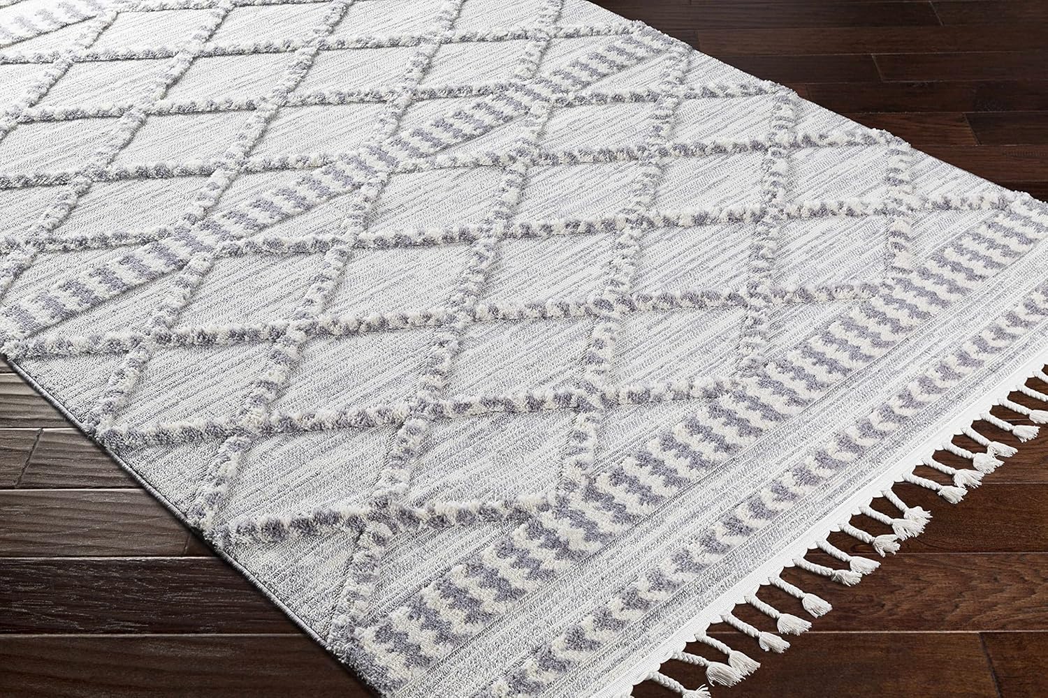 Hauteloom Kincheloe Modern Farmhouse Bedroom, Living Room Tassel Rug - Moroccan Bohemian Style - Boho High Pile - Southwestern Tribal Aztec Look - Polyester Carpet - Grey, Beige, Cream - 5'3