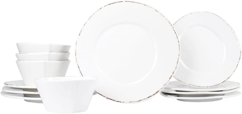 Vietri Melamine Lastra White 12-Pc Unbreakable Dinnerware Set with Pasta Bowls & Dinner Plates