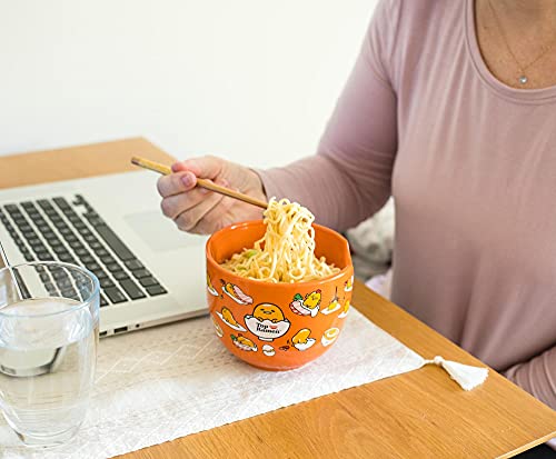 Silver Buffalo Sanrio Gudetama x Nissin Top Ramen Japanese Ceramic Dinnerware Set | Includes 20-Ounce Ramen Noodle Bowl and Wooden Chopsticks