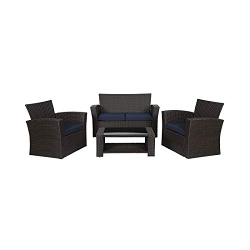 WO Home Furniture Patio Conversation Set of 4 PCS Black Rattan Wicker Sofa, Chairs & Table w/Pillow Cushions (Beige)
