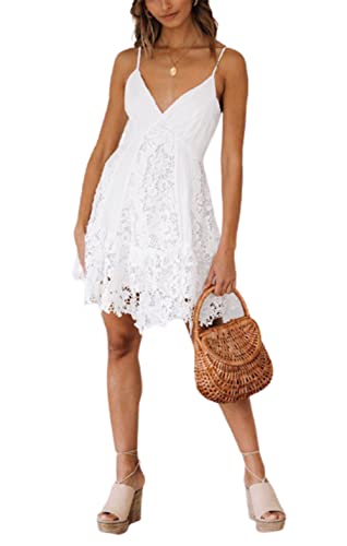 MOOSSIS Womens V-Neck Spaghetti Strap Backless Sleeveless Lace Mini Swing Skater Cocktail Dress
