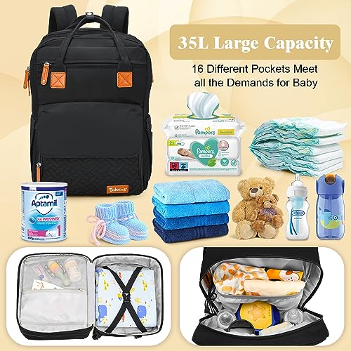 16 in 1 Baby Diaper Bag Backpack, Multifunctional Travel Twin Diaper Bag Backpack with Portable Changing Pad and USB Charging Port- Ideal for Baby Gift (Large 35L Capacity/2X Space) Black