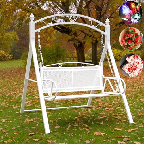 Black,PARTSUN Upgraded Metal Patio Porch Swing with A-Frame Stand Heavy Duty Metal Hanging Porch Swing Chair Patio Hanging Bench Swing with Adjustable Chains for Garden, Balcony, Living Room