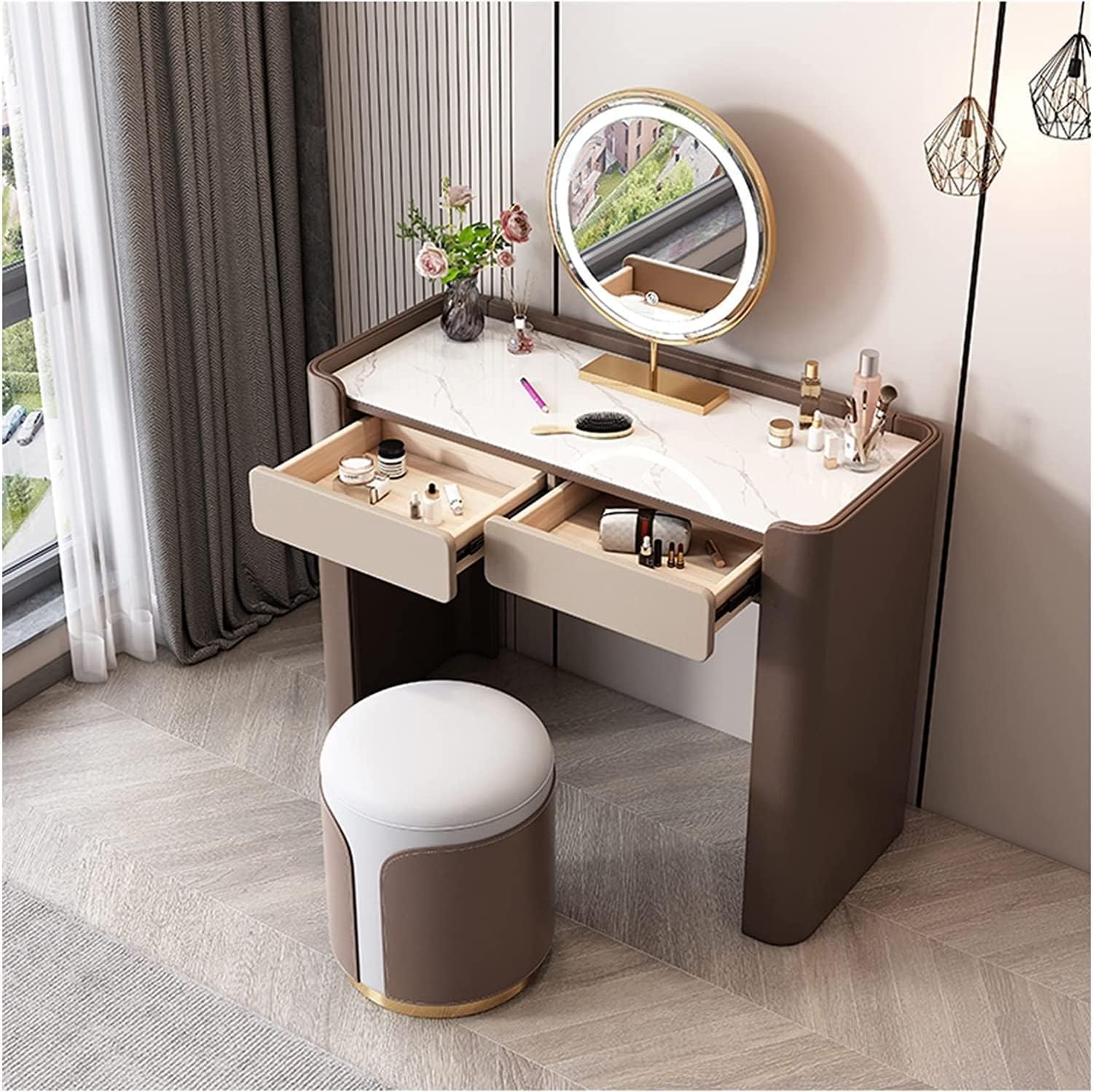 Vanity Desk Slate Desktop Vanity Set with Touch Screen Led Mirror Stable Dresser Stool and Movable Cabinet Dressing Table