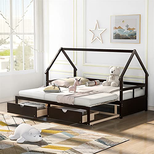 Pinewood Extending Daybed for Kids Teens Furniture, Can Be Expanded from Twin Size to King Size, House Shaped Sofa Bed Frame with Storage Drawers (Espresso)