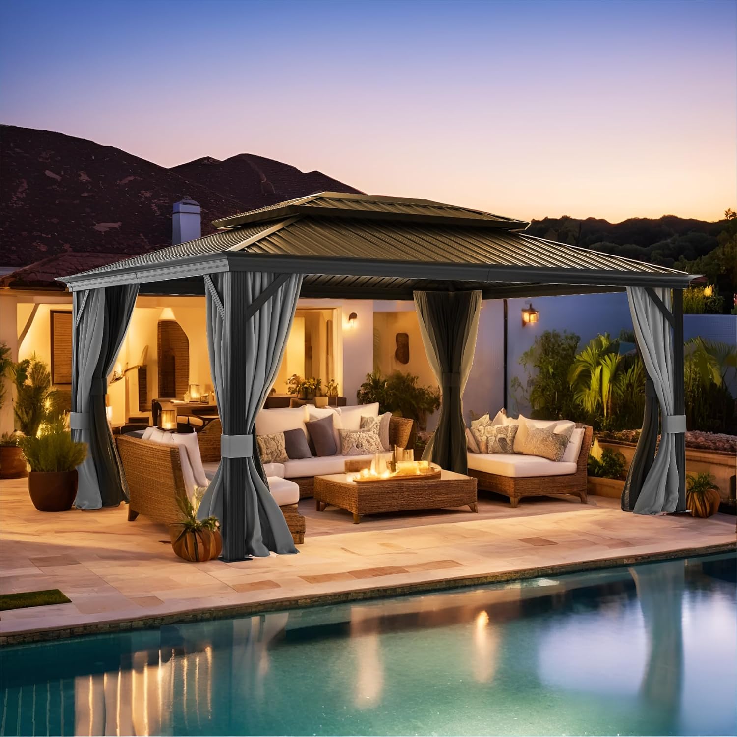 12' x 16' Hardtop Gazebo, Metal Gazebos with Aluminum Frame, Double Galvanized Steel Roof, Permanent Gazebo with Curtains and Netting for Patio Lawn Pool and Garden(Gray)