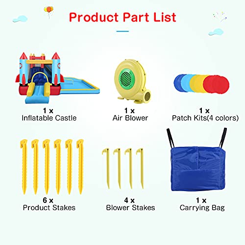 Inflatable Water Bounce House with Blower Kids Water bouncy Castle with Slide, Climbing Wall, Plash Pool, Including Carry Bag Repair Kit ((146 x 132 x 81) Castle)