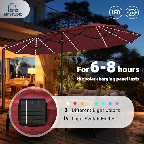 MFSTUDIO 13FT Double-Sided Patio Umbrella w/Solar Lights, Outdoor Table Rectangular Umbrellas w/ 120 LED Lights, Hand Crank for Lawn Backyard Pool