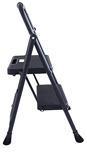 Folding Step Stool with Wide Anti-Slip Pedal, ​330​lbs Sturdy Steel Ladder, 2-Step, Black