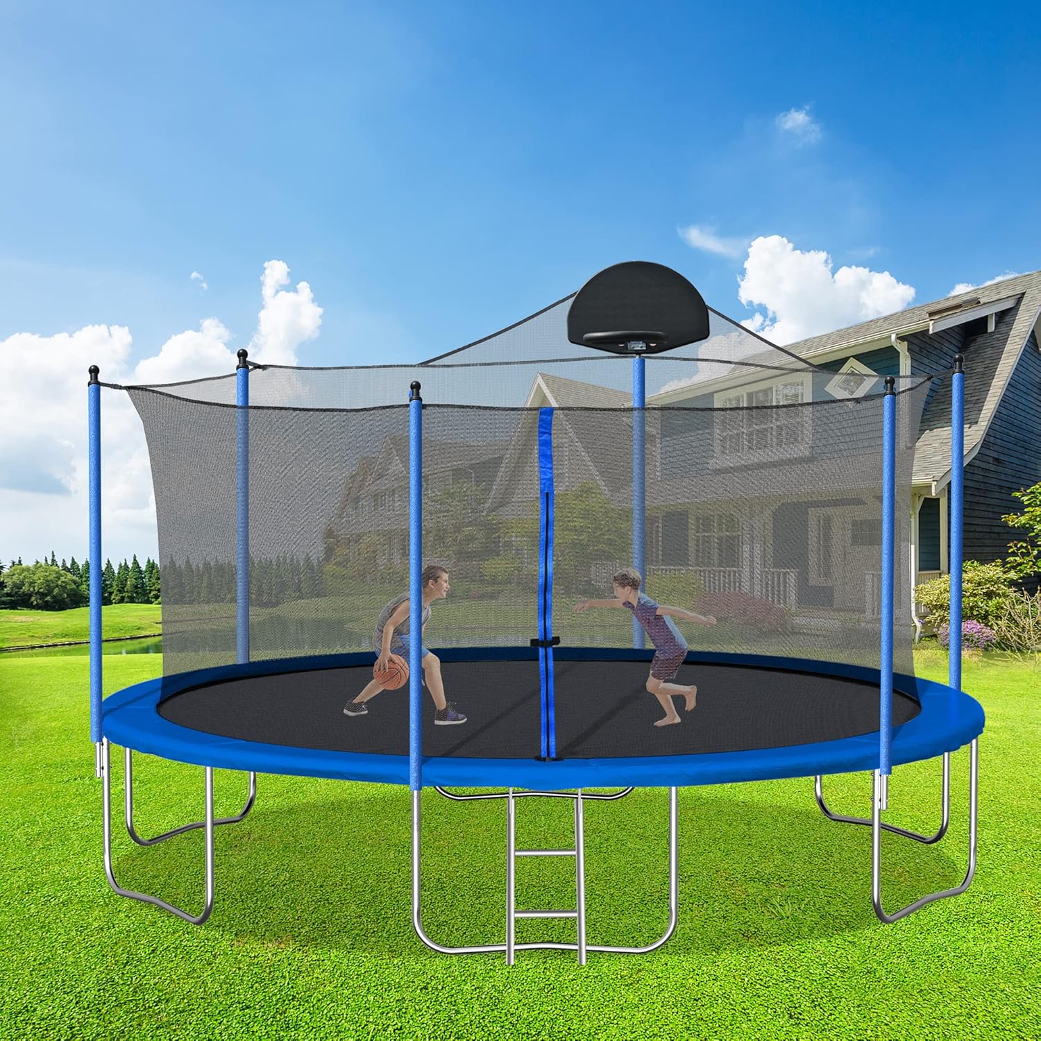 10 FT Trampoline Safety Enclosure Net Combo Bounce Jump for Kids Outdoor with Spring Pad Ladder (2020 Upgraded Version), Blue