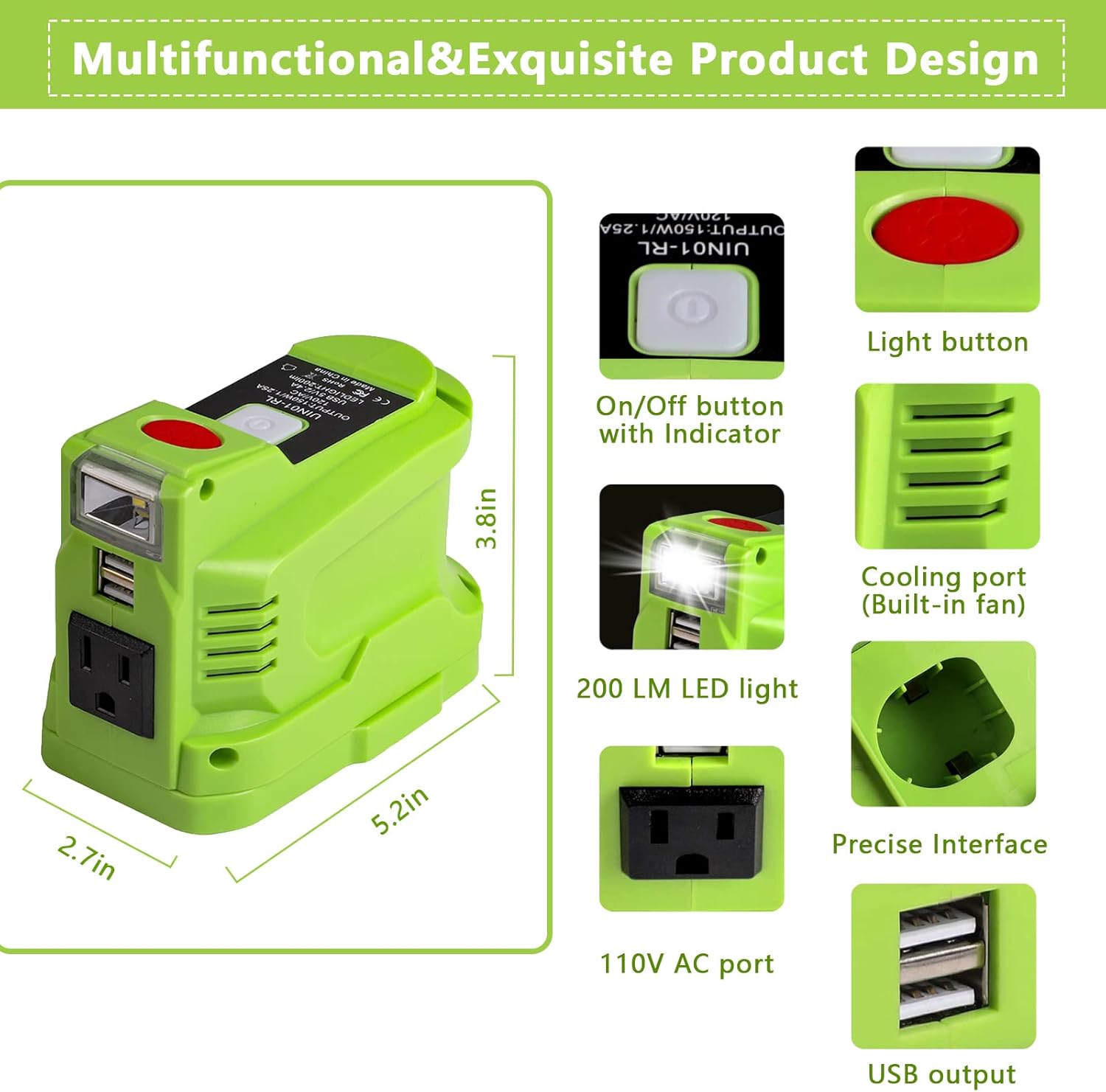 150W Power Inverter Generator for Ryobi 18 Volt Lithium Battery, Convert 18V DC to AC 110V~120V Power Station 2 USB Ports with 200LM LED Light