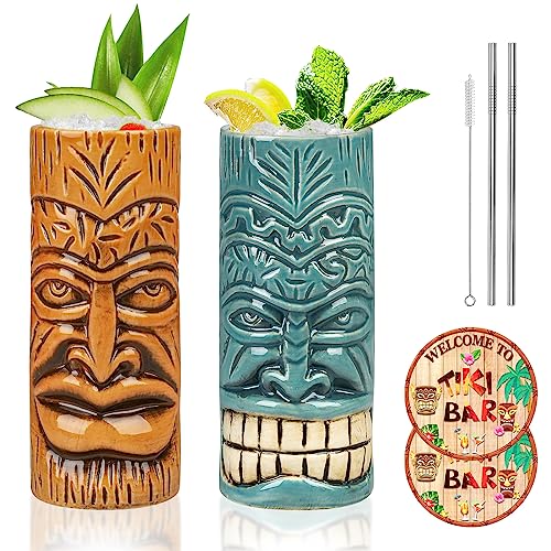 SuproBarware TIKI Mug Set - Set of 2 Ceramic TIKI Mug 15oz/440ml Tropical Style Cocktail Glass Set for Cocktail Lover (Orange&Blue)
