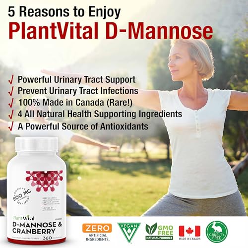 Plantvital D Mannose Capsules with Cranberry - D-mannose 1000mg Capsules - High Potency for Bladder, Kidney and Urinary Tract Support. Cranberry Powder with Hibiscus and Dandelion. 2 Months Supply