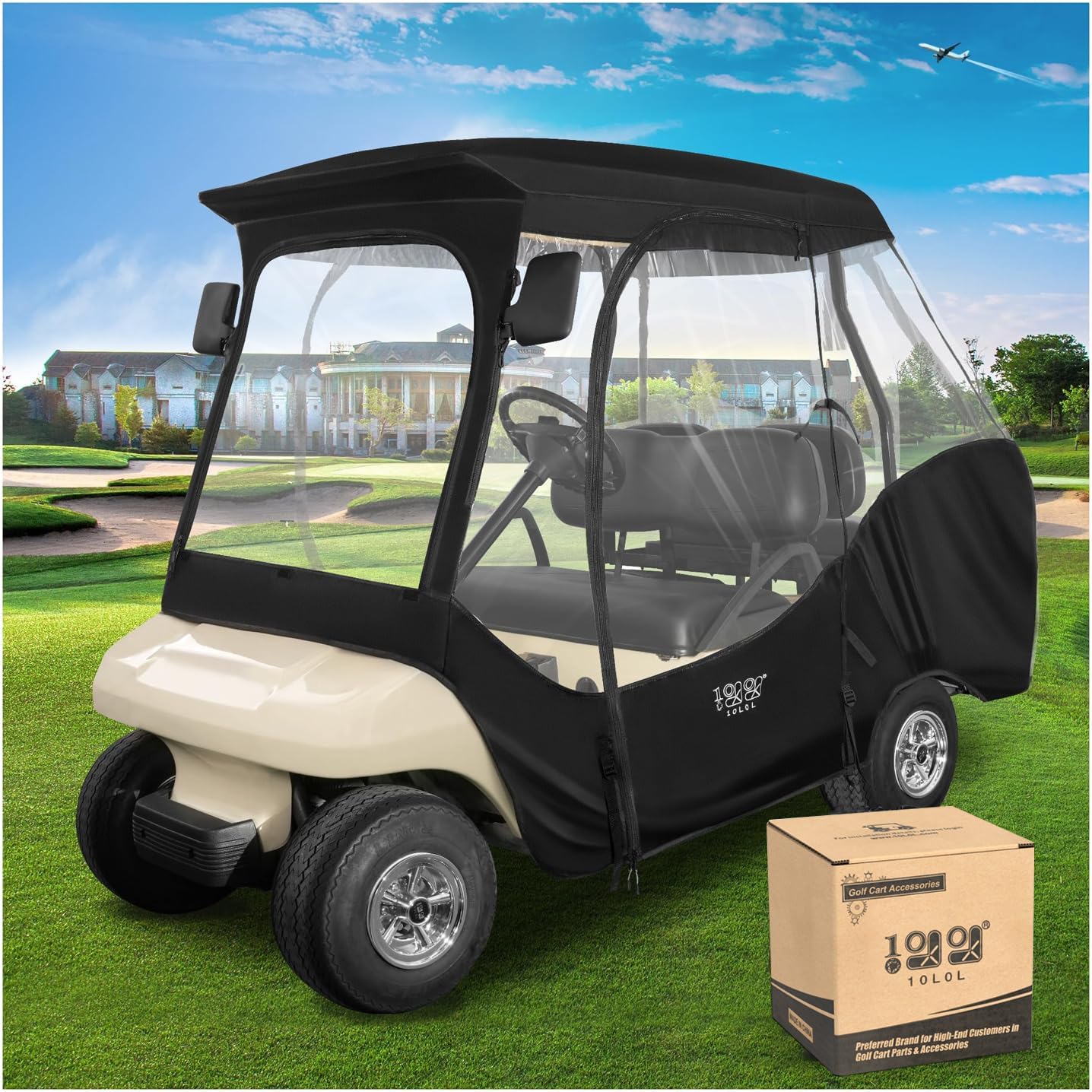 10L0L 4 Passenger Golf Cart Driving Enclosure Golf Cart Rain Weather Cover for Club Car DS Short Roof Waterproof Portable Drivable Travel 4-Sided Black/Transparent