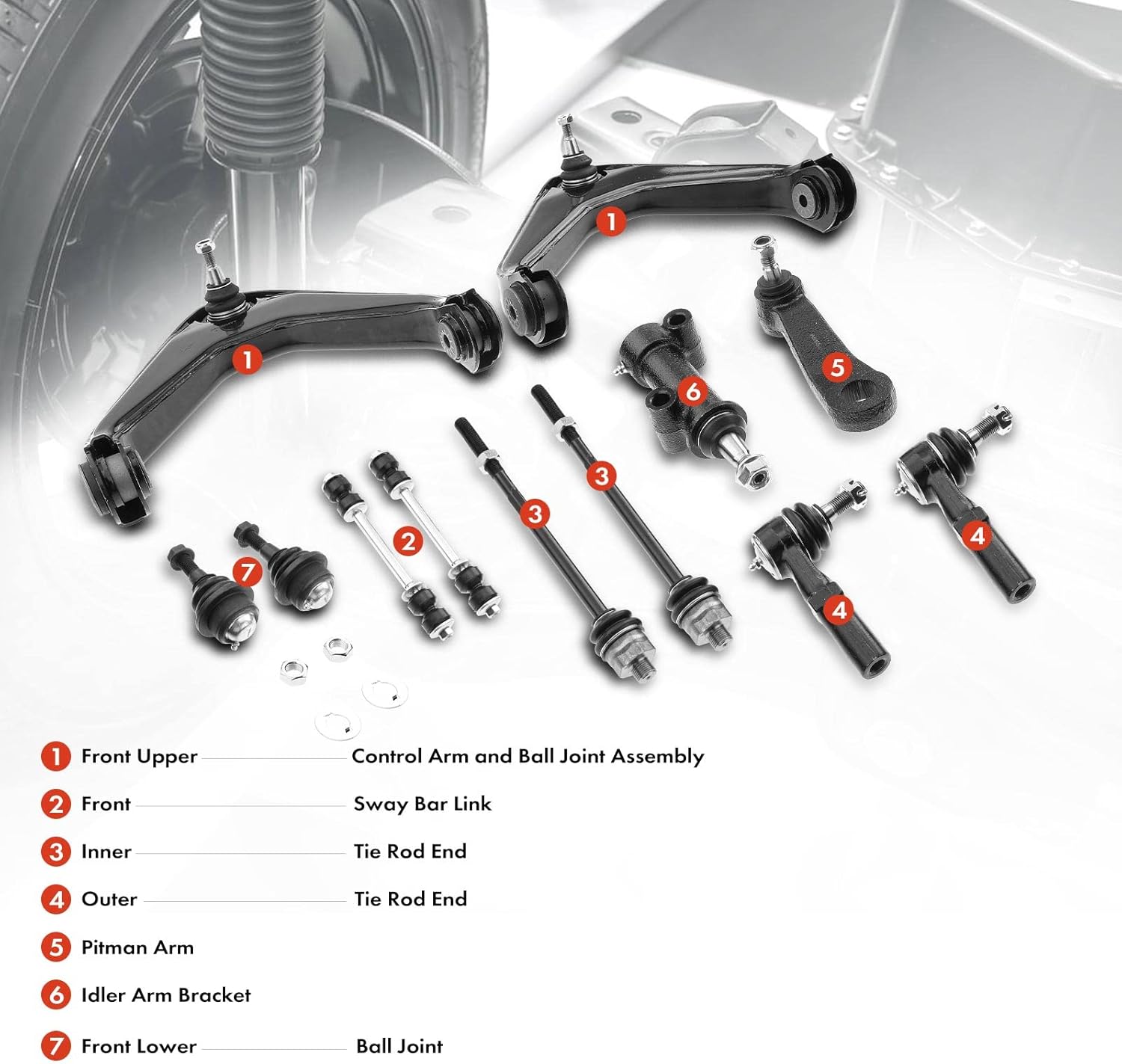A-Premium Set of 12, Front Upper Control Arm, Sway Bar Link, Lower Ball Joint, Inner Outer Tie Rod End, Pitman Arm, Compatible with Chevrolet & GMC - 01-07 - Silverado Suburban Avalanche Sierra Yukon