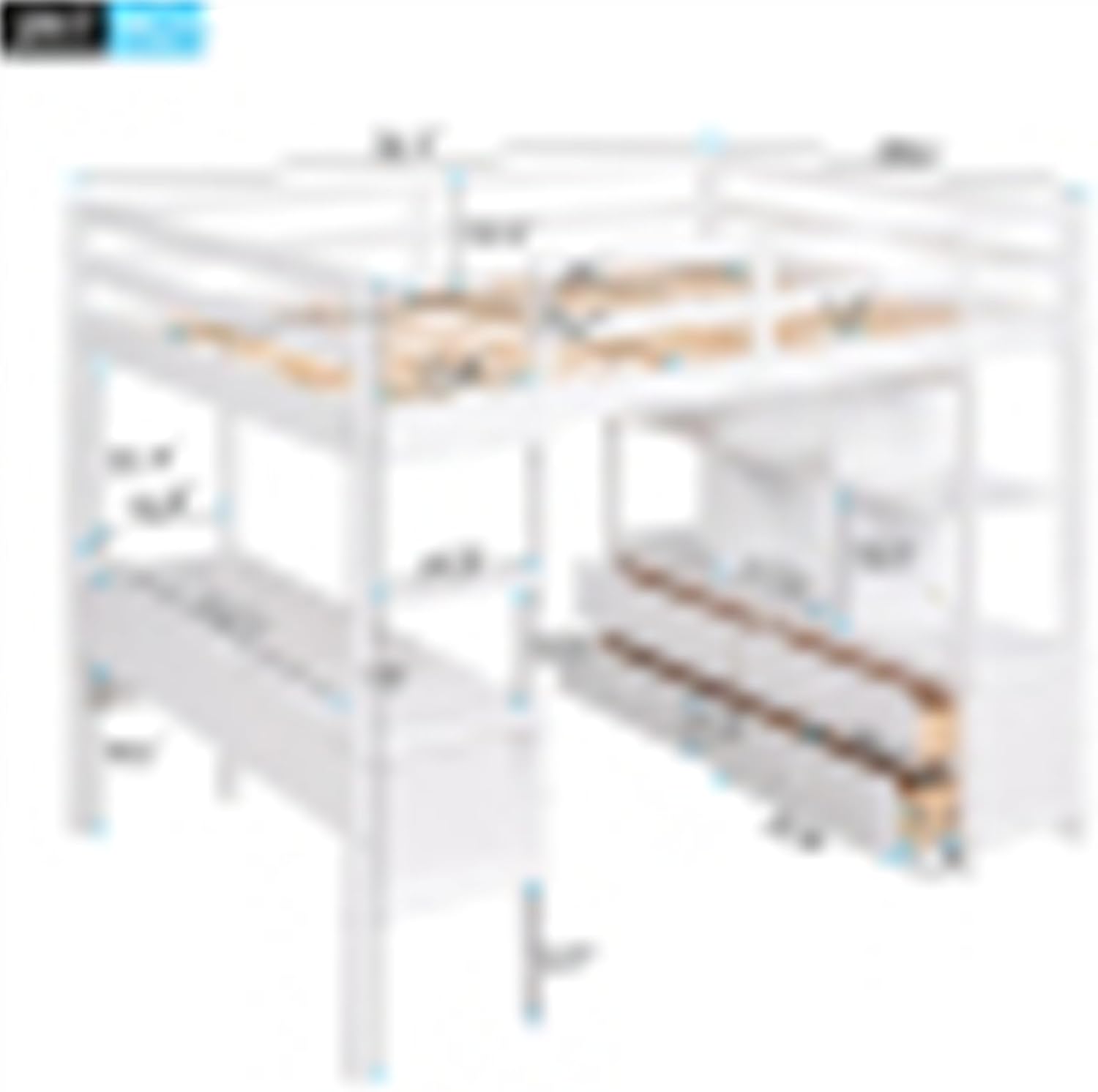 Full size loft bed with built-in desk, two drawers, storage shelves and drawers, white