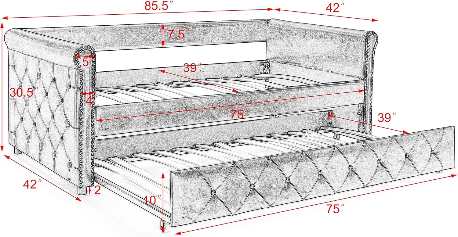 Flieks Twin Size Upholstered Daybed with Trundle, Button and Copper Nail on Arms, Linen Fabric Upholstered Tufted Sofa Bed, Wheeled Trundle Daybed with Wood Frame, No Box Spring Needed, Grey