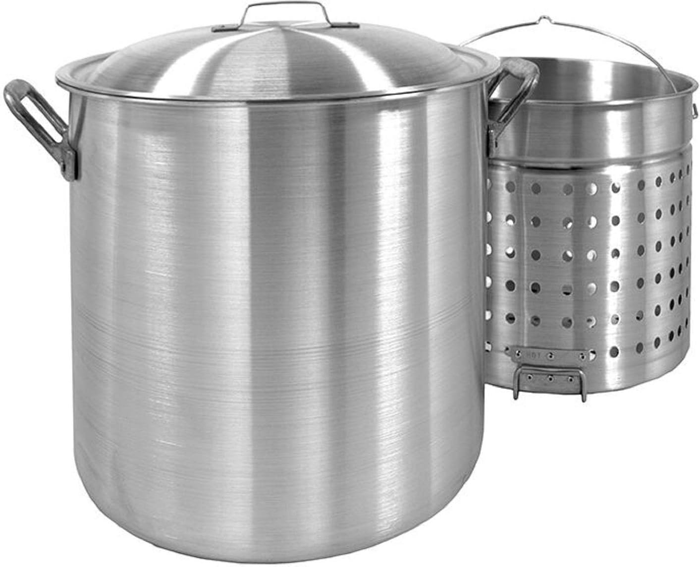 Bayou Classic 1200 120-qt Aluminum Bayou Boiler Features Heavy Duty Riveted Handles Reinforced Aluminum Boiling Basket w/Helper Handle Perfect For Seafood Boils Crawfish Boils and Peanut Boils