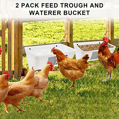 2 Pack Large Chicken Feeder Feed Trough with Clips Hanging Fence Feeders for Goat Duck Sheeple Piglets Horse Chicken Deer Goose, Pig Poultry Feed Trough Bucket Feeding Container for Livestock