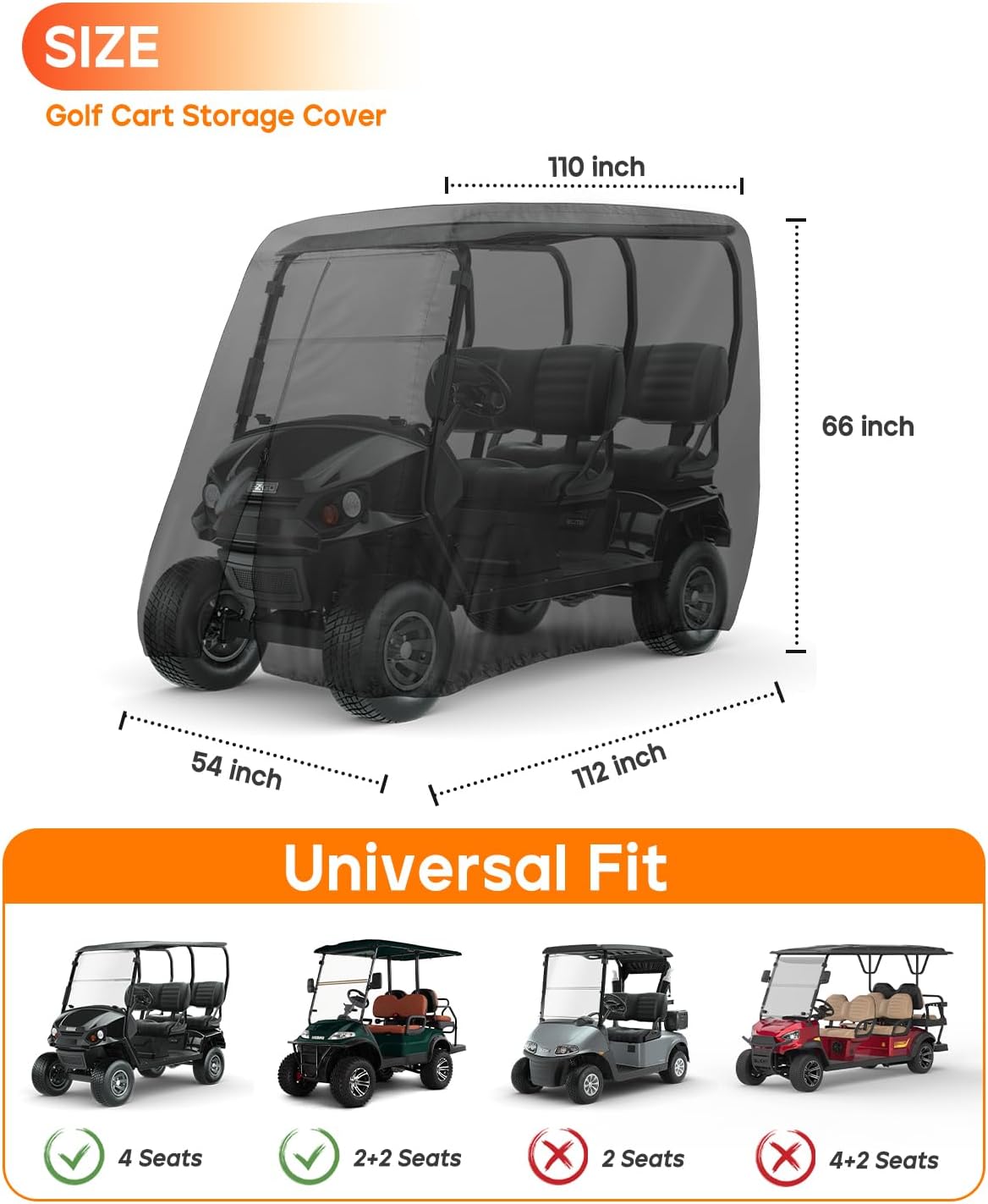 Golf Cart Cover 4 Passenger Heavy Duty, 420D Waterproof Golf Cart Covers Extended Roof Compatible with EZ GO Club Car Yamaha Golf Carts, Outdoor Dustproof 4 Seat Club Car Cover (Up to 112 Inch)