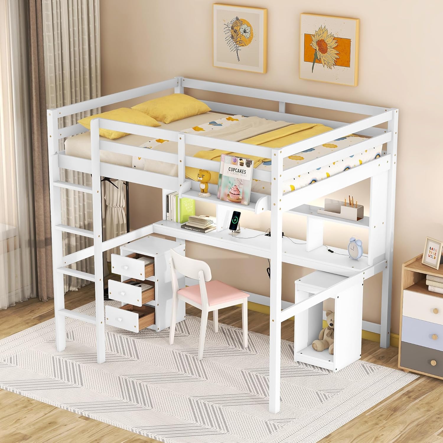 Full Size Loft Bed with Multi-Storage Desk, LED Light and Bedside Tray, Charging Station, White