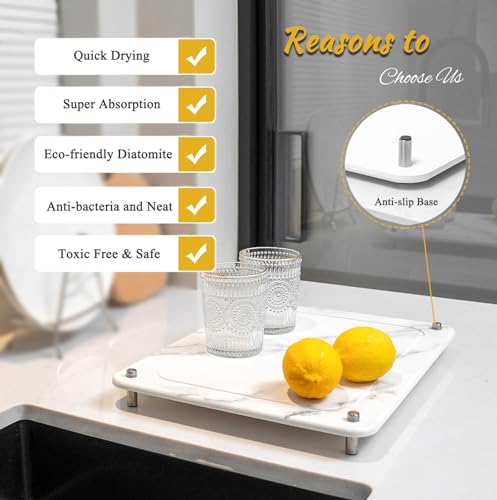 Stone Dish Drying Mat for Kitchen Counter, Dish Drying Stone Mat Super Absorbent Natural Diatomaceous Earth Stone Mat Heat Resistant Non-slip Tableware Mat(16