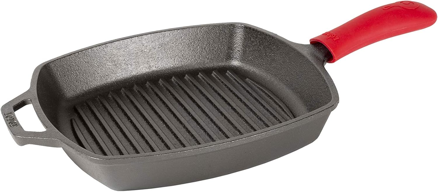 Lodge L8SGP3ASHH41B Cast Iron Square Grill Pan with Red Silicone Hot Handle Holder, Pre-Seasoned, 10.5-inch