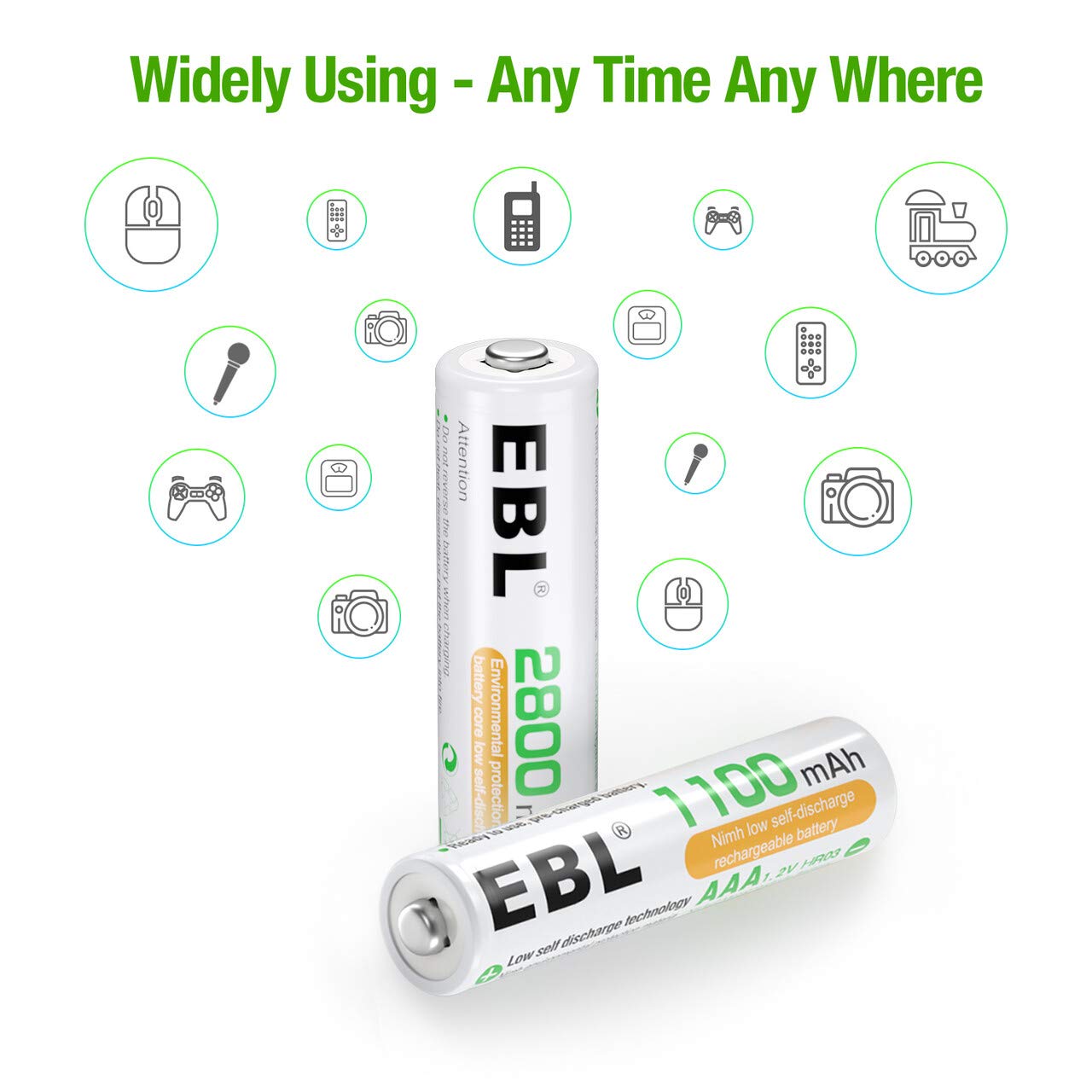 EBL AA Rechargeable Batteries 2800mAh (4 Pack) and AAA Rechargeable Batteries 1100mAh (4 Pack), 1.2V Ni-Mh Batteries Combo