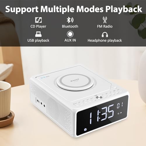 G Keni CD Player Dual Alarm Clock Radio, Bluetooth Boombox with Remote, 10W Fast Wireless Charging, Digital FM Radio, MP3/USB Music Player, Snooze & Sleep Timer, Dimmable Mirror LED Display for Home