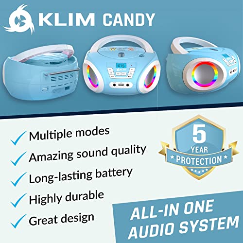 KLIM Candy Kids Boombox CD Player for Kids + New 2024 + FM Radio + Batteries Included + Cute Blue Radio CD Player with Speakers for Kids and Toddlers - Blue
