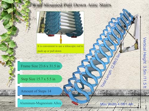 TECHTONGDA Loft Ladder Aluminum-Magnesium Alloy Attic Steps Pull Down 14 Steps Attic Stairs Wall Mounted Type Folding Ladder with Armrests 11.5 ft Height 660 lb Capacity Blue