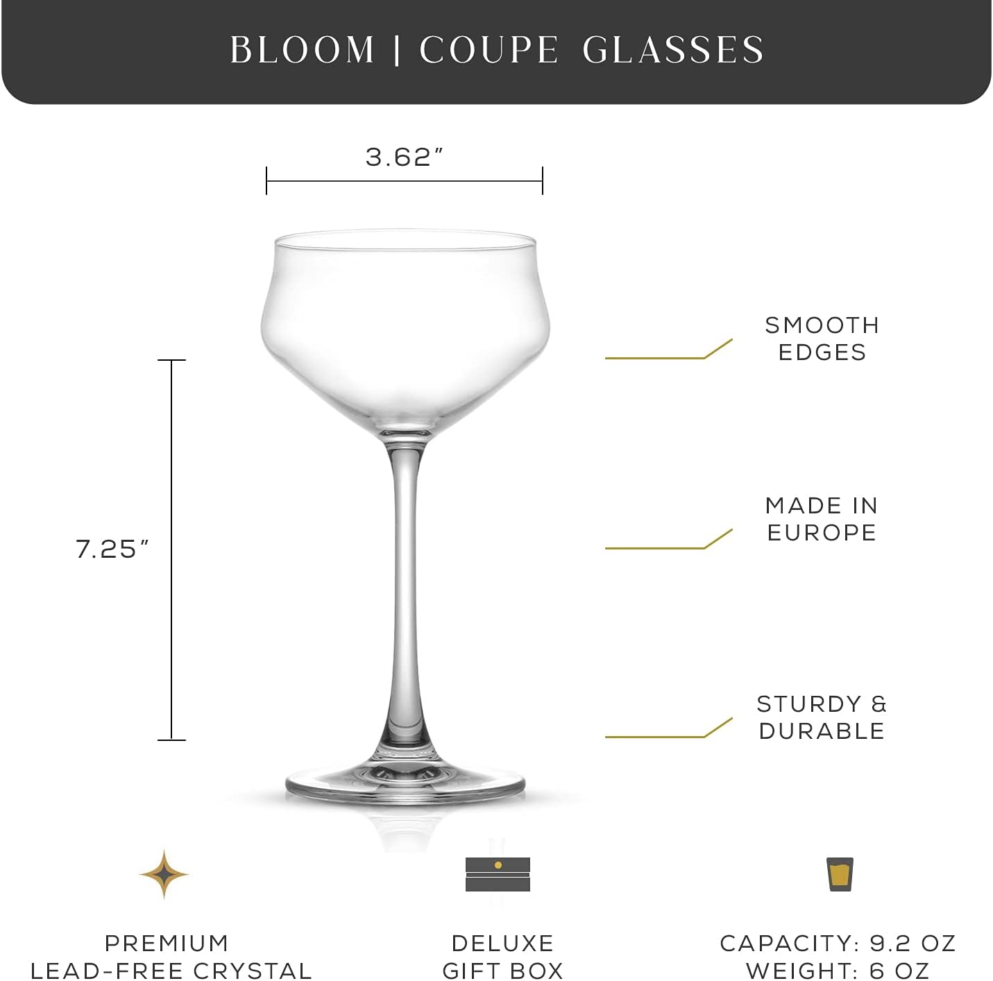 JoyJolt Crystal Cocktail Glasses - Coupe Glasses Made in Europe, 9.2oz Martini Glasses, Set of 2 Martini Glass for Cocktails, Summer Drinks, Champagne - coupe cocktail glass set