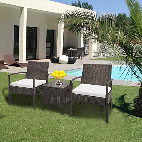 4 Pcs Wicker Patio Furniture Set, Rattan Sofas with Tempered Glass Coffee Table and Soft Cushions, Outdoor Conversation Bistro Sets for Garden Backyard Balcony Porch (Dark Brown)