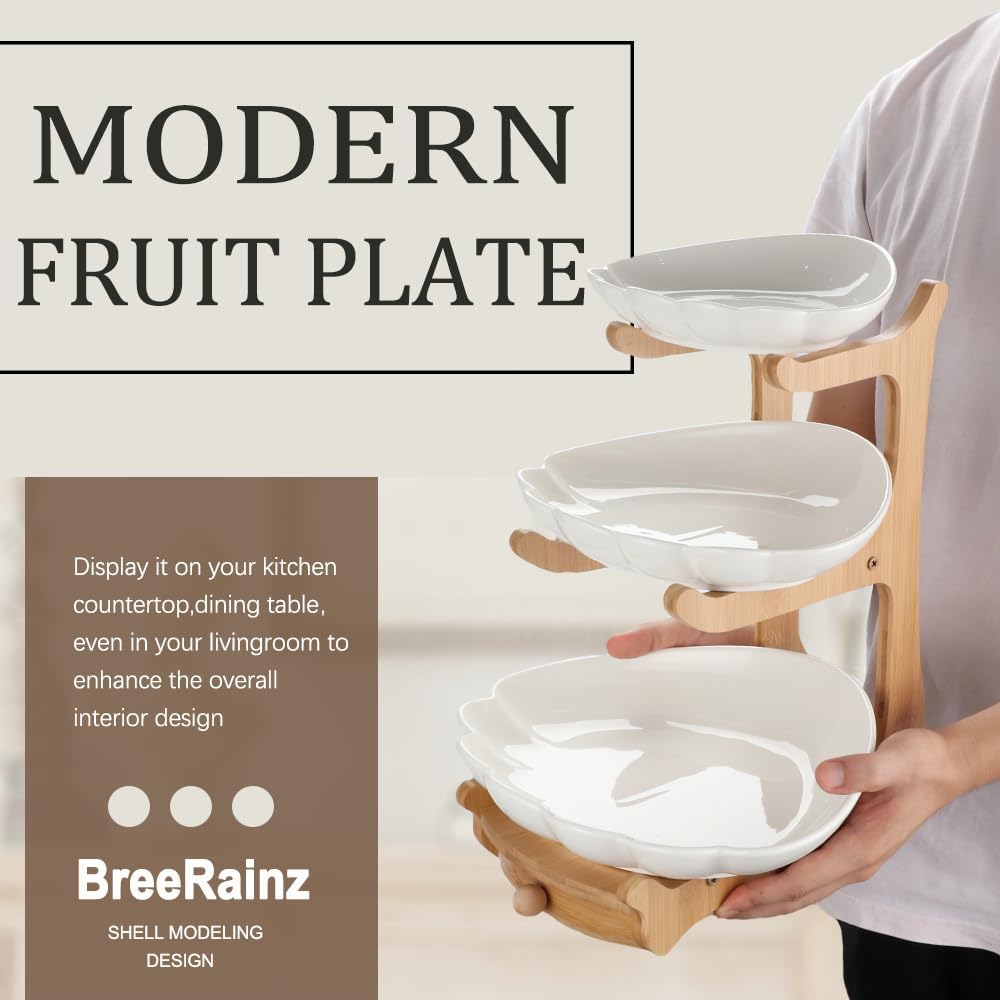 BreeRainz Upgrade 3 Tier Ceramic Fruit Bowl for Kitchen Counter with Drawer, Sea Shell Decorative Bowl, Modern Fruit Stand w/Bamboo Stand for Dessert Snack Fruit and Vegetable Storage