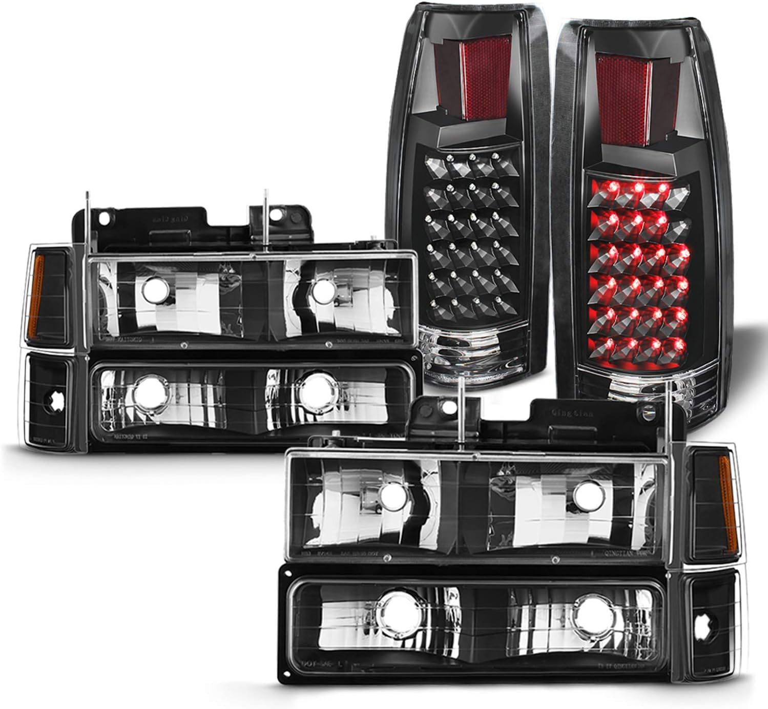 AKKON - Fits 94-98 C/K 1500 2500 3500 Tahoe Suburban Pickup Black Headlights + Corner + Bumper Signal Lamp + LED Tail Light Pair