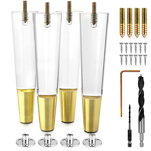 Acrylic Furniture Legs With Gold Caps - Mid Century Legs For Couch, Sofa, Chair, Table, Dresser, Bed, Cabinet - Furniture Feet Are Easy To Install & Include Installation Hardware - Set of 4, 4 Inches