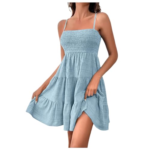 Eduavar Summer Beach Dresses for Women, Mini Dresses for Women Casual Spaghetti Strap Dress Backless Hem Ruffle Mini Dress