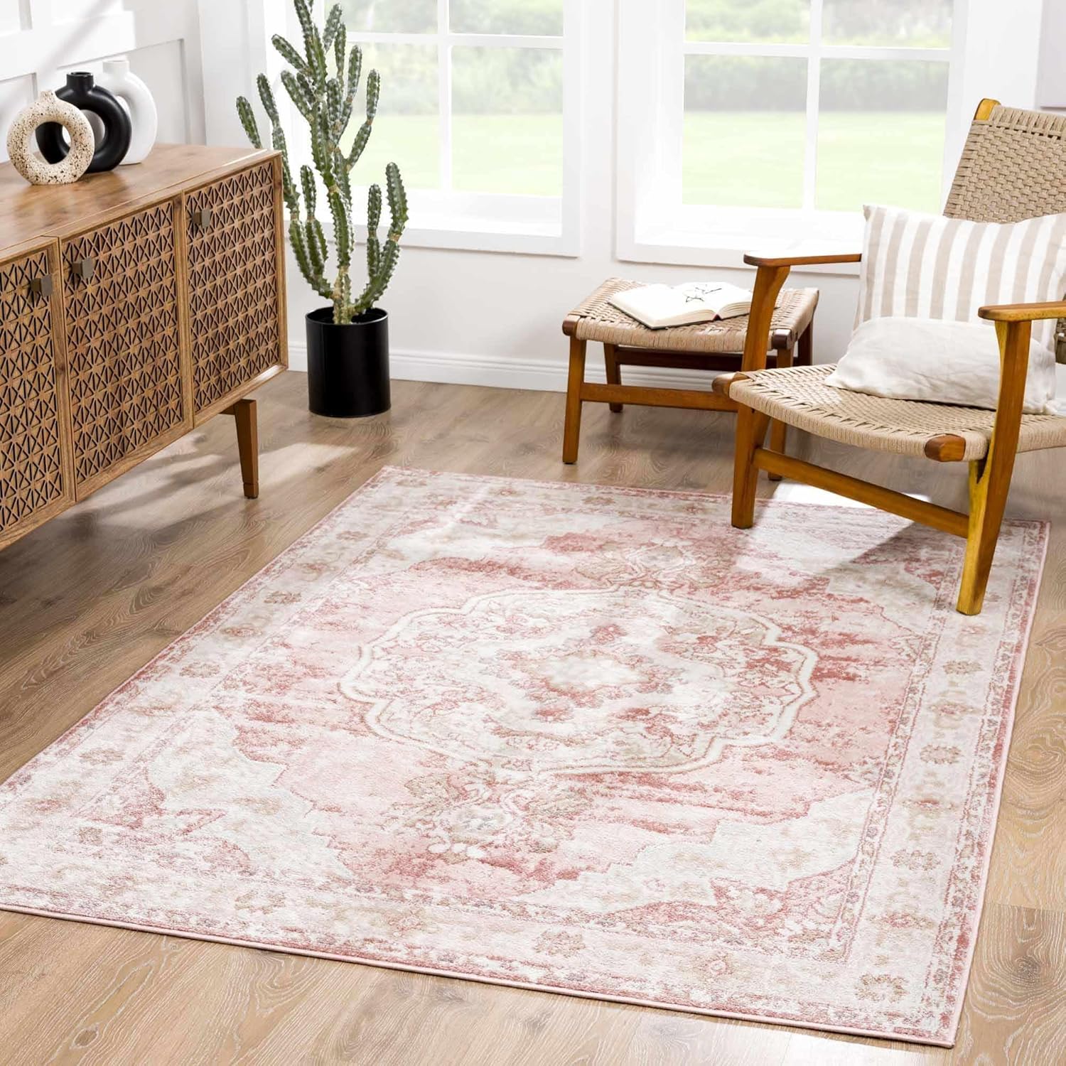 Hauteloom Kandos Distressed Faded Traditional Oriental Style Living Room Area Rug - Vintage Medallion Farmhouse Style - Bohemian Carpet - 5'2