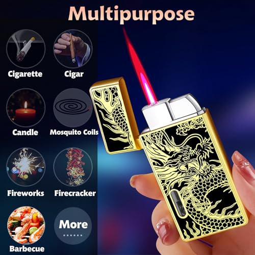 Torch Lighter Butane Refillable, 2 Pack Jet Flame Butane Lighter with Visible Window, Cool Adjustable Jet Flame Dragon Lighter, Great Gifts for Men and Women, Family Use(without Butane Gas)
