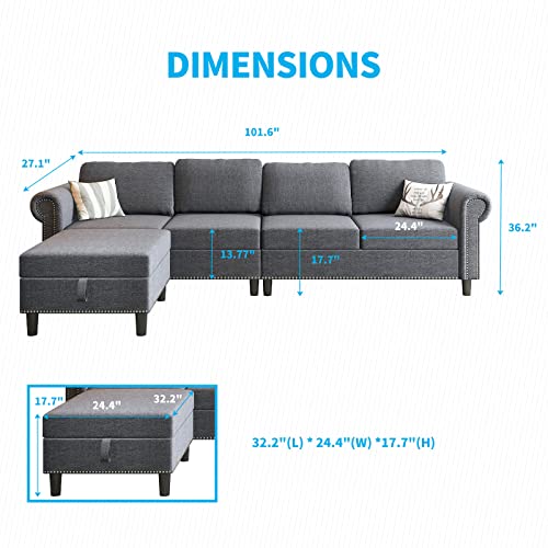 Mjkone 102 Inch Oversized L Shape Sofa Couch with Reversible Storage Ottoman, 4 Seat Sectional Sofa with Rivet Design, Convertible Modular Sofa for Living Room- Light Grey