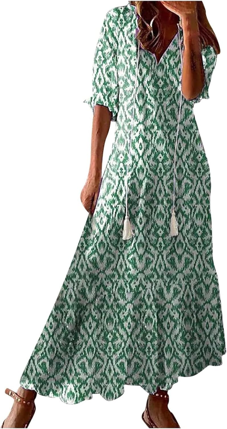 Summer Dresses for Women 2024 Boho Floral Dresses Casual Short Sleeve Flowy Maxi Dress Loose Beach Long Dresses Sundresses