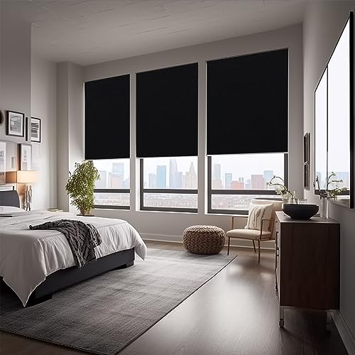 90% Blackout Roller Window Shades, Room Darkening Window Blinds with Thermal Insulated Fabric, Corded Roll pull down shades for home and office (Black - Width 10