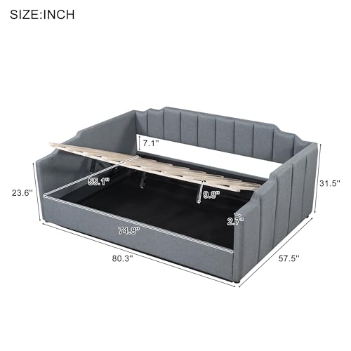 SOFTSEA Twin Size Upholstered Daybed with Storage, Lift Up Daybed with Hydraulic Storage, Linen Upholstered Daybed Frame with Lift Up Storage for Living Room Bedroom, Grey