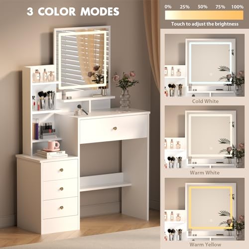 Vanity Desk with Mirror and Lights, Makeup Desk with 4 Drawers, 4 Open Shelves and Stool, 3 Lighting Modes, Adjustable Brightness, Dressing Table for Bedroom Dressing Room (White)