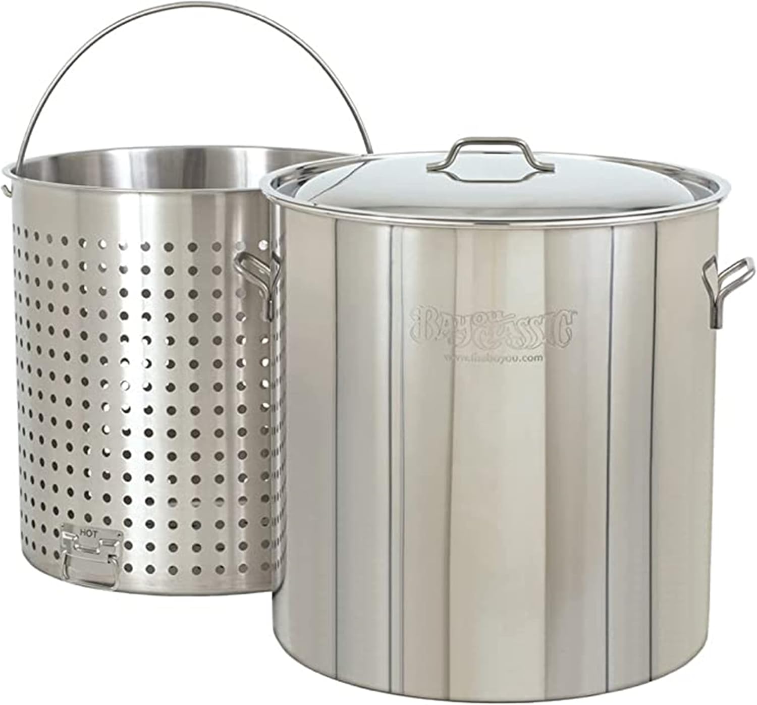 Bayou Classic 1162 162-qt Stainless Stockpot w/Stainless Perforated Basket Features Heavy Welded Loop Handles Domed Vented Lid Perfect For Steaming Boiling Canning and Preserving