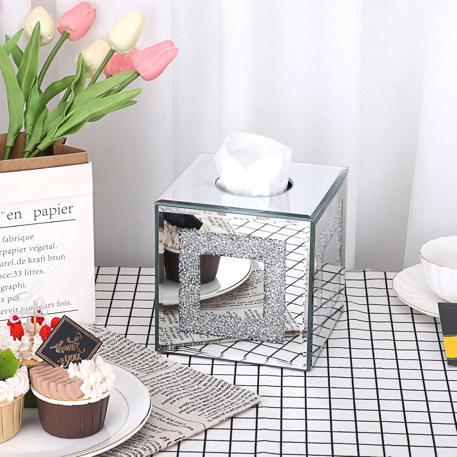 Sumnacon Crystal Square Tissue Box Cover - Sparkly Glass Cube Tissue Box Holder, Decorative Facial Tissue Holder for Bathroom Vanity Dresser Night Stand Table Countertop Office Home Decor, Silver
