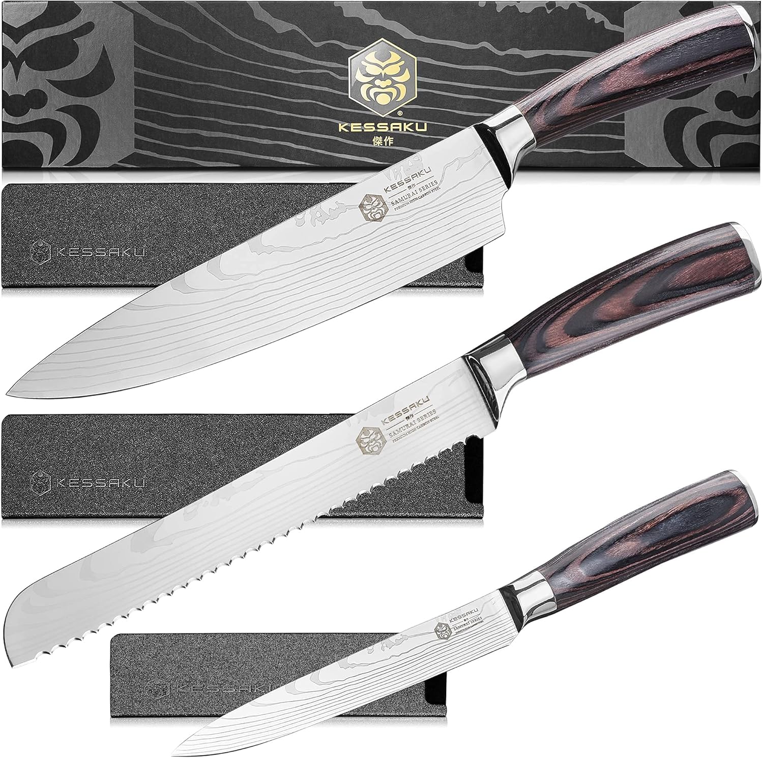 8-Inch Chef & 8-Inch Serrated Bread & 5.5-Inch Utility Knife Set - Samurai Series - Forged High Carbon 7Cr17MoV Stainless Steel - Pakkawood Handle with Blade Guards