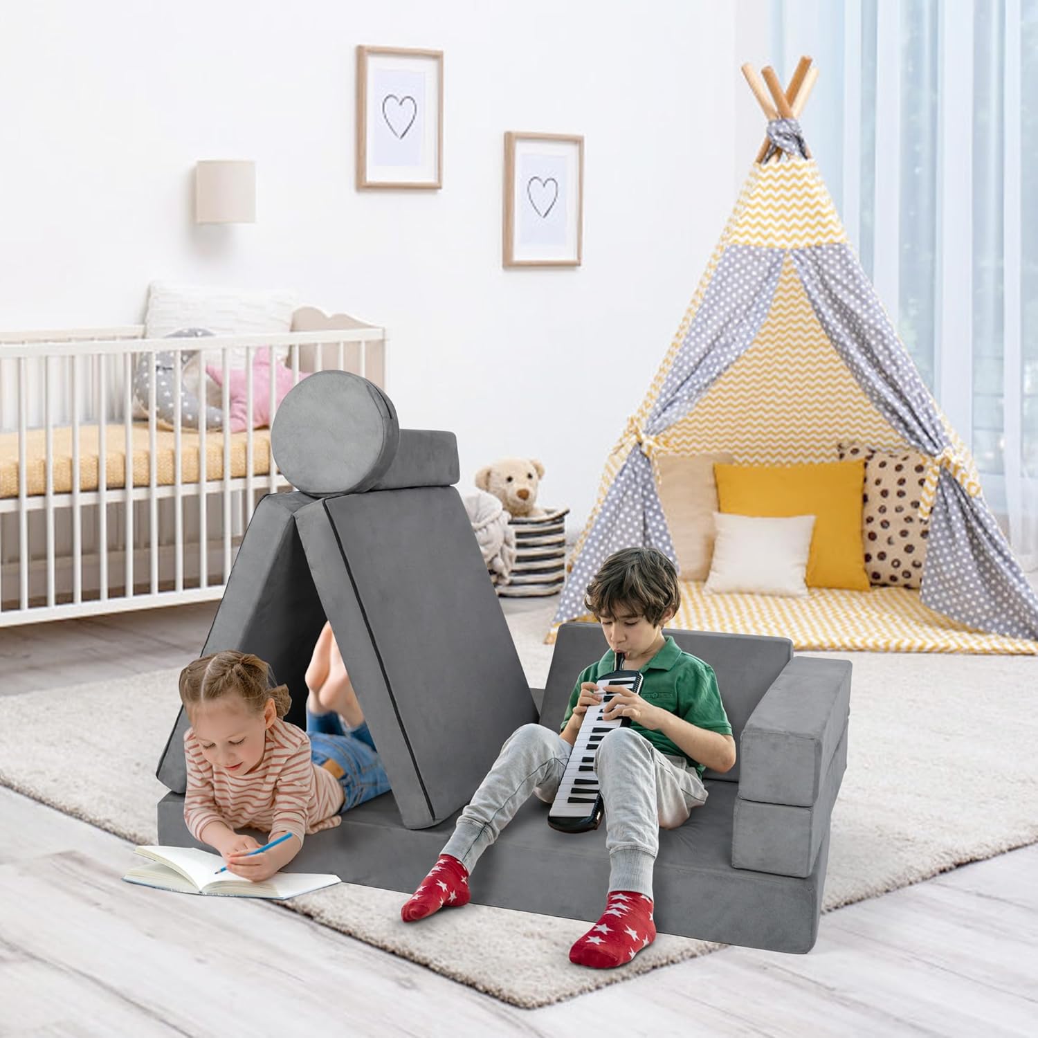 Kinder King Modular Kids Play Couch, 9PCS Toddler Sofa for Bedroom and Playroom Furniture, Convertible Floor Cushions/Kids Fort Couch, Indoor Child Creative Foam Couch for Boys and Girls, Grey