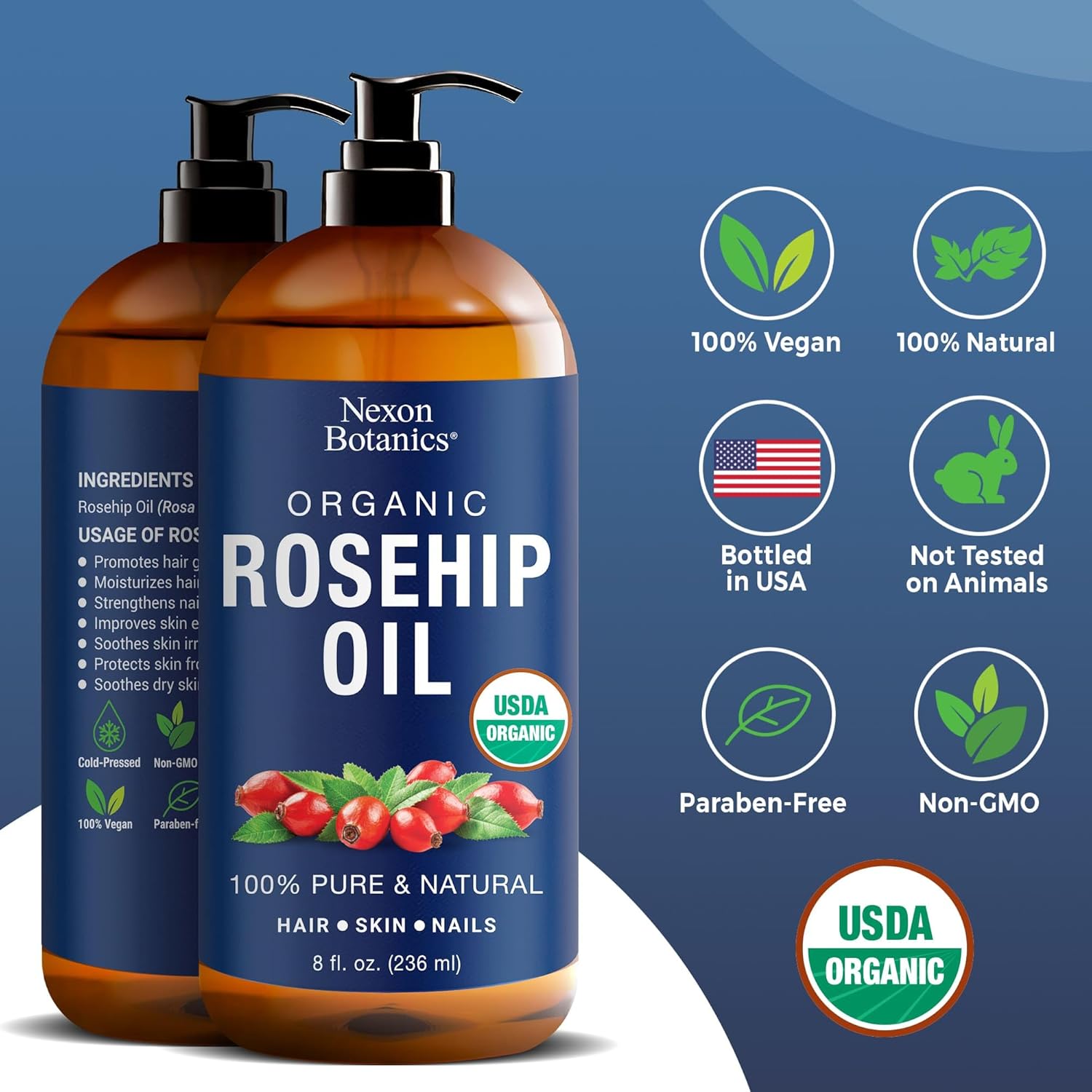 Nexon Botanics Organic Rosehip Oil for Face 8 fl oz - Gua Sha Oil - Facial Oil for Gua Sha Massage - Rose Hip Oil - Rosehip Seed Oil - Aceite de Rosa Mosqueta